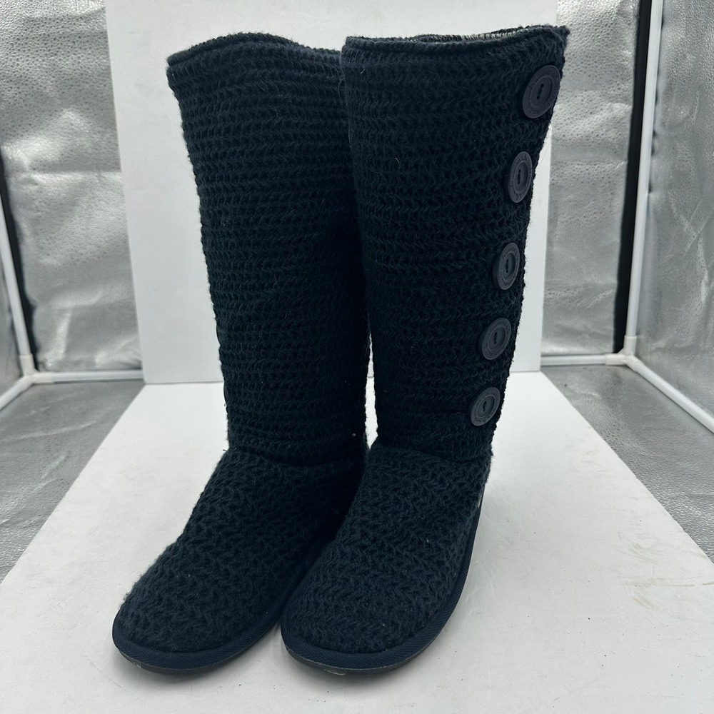Muk Luks Womens Knit Tall Sweater Boots Size 7 Crochet‎ Navy Boho Slouchy Cabin